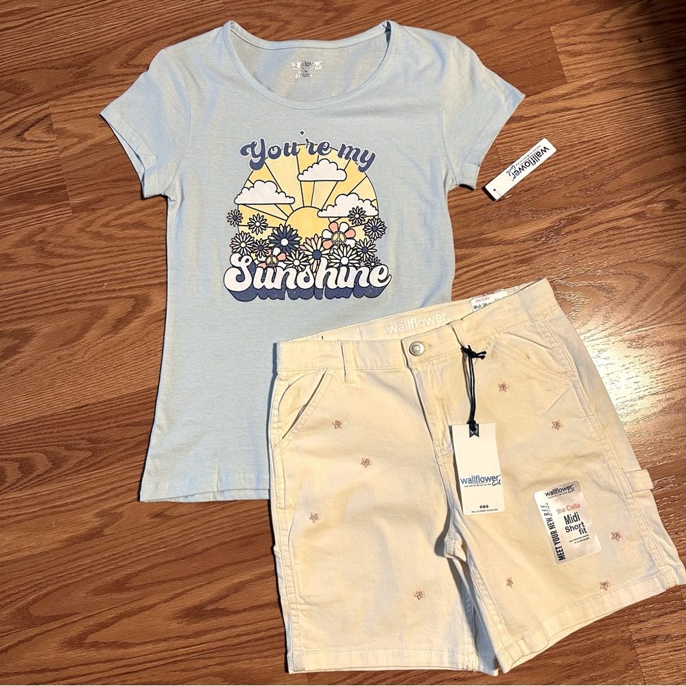 NWT Set Wallflower Girl Blue Graphic Tee and Cream Embroidered Shorts size 16